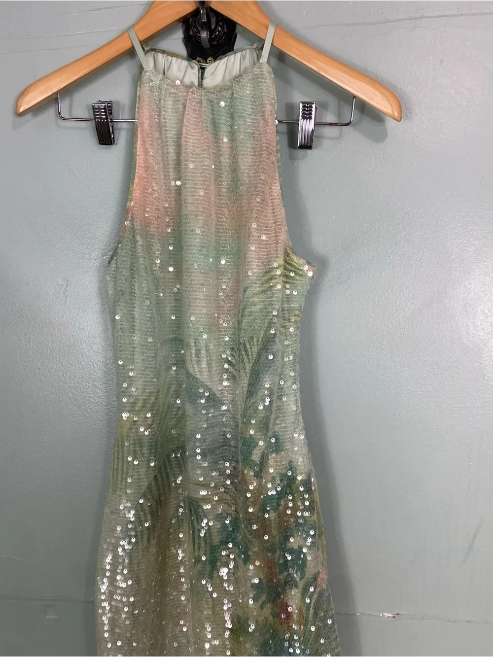 BHLDN Paulina Halter Printed Sequin Midi Dress Green Bird Small